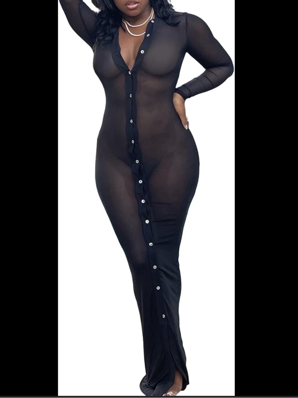 Sheer Black Long Sleeve Button-Down Maxi Dress